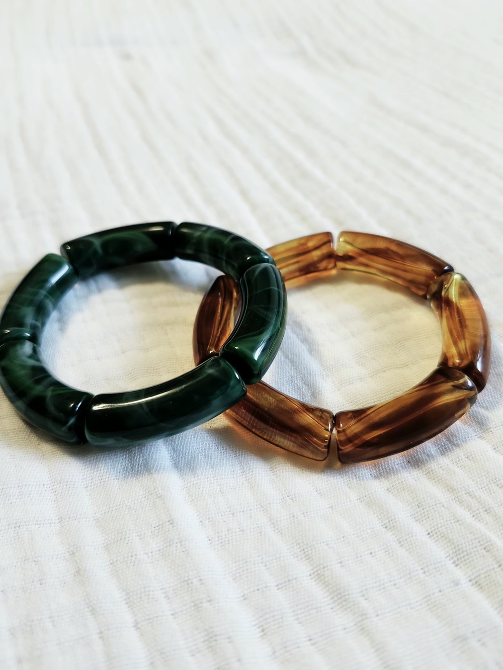 Green and Amber Resin Stretch Bracelets - Set of 2
